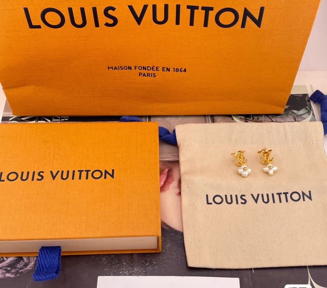 Louis Vuitton Gold Monogram Earrings with Pearl Flower